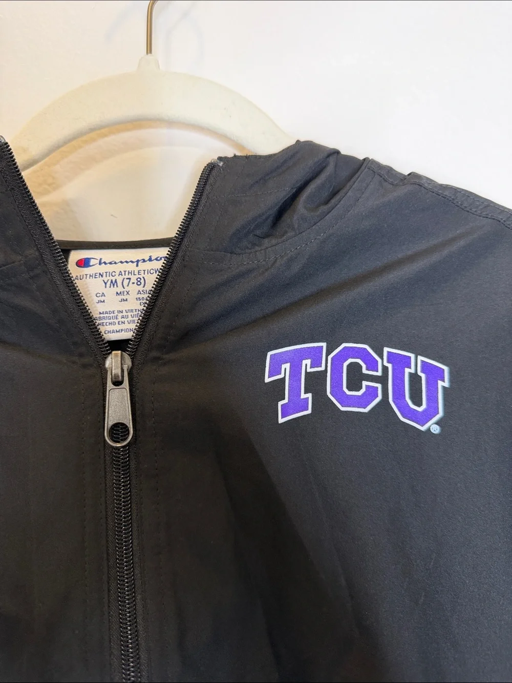 Champion Kids Black Hooded Raincoat with Purple TCU Logo